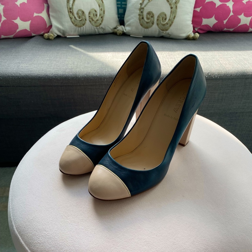 J. Crew Etta pumps, navy with tan heel and cap toes, made in Italy